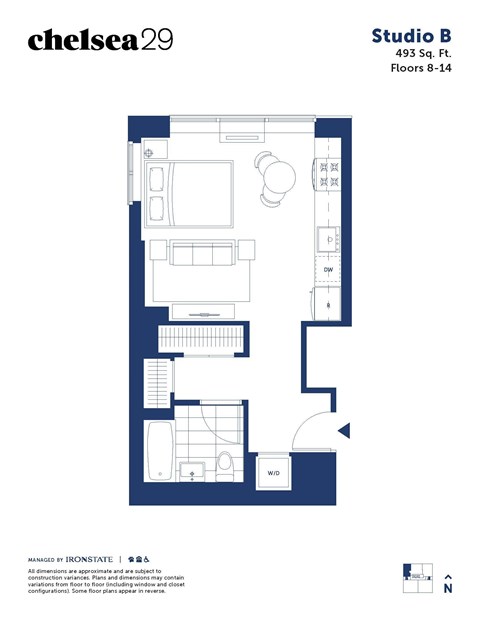 A floor plan for a studio apartment sized 493 square feet with 8-14 floors.